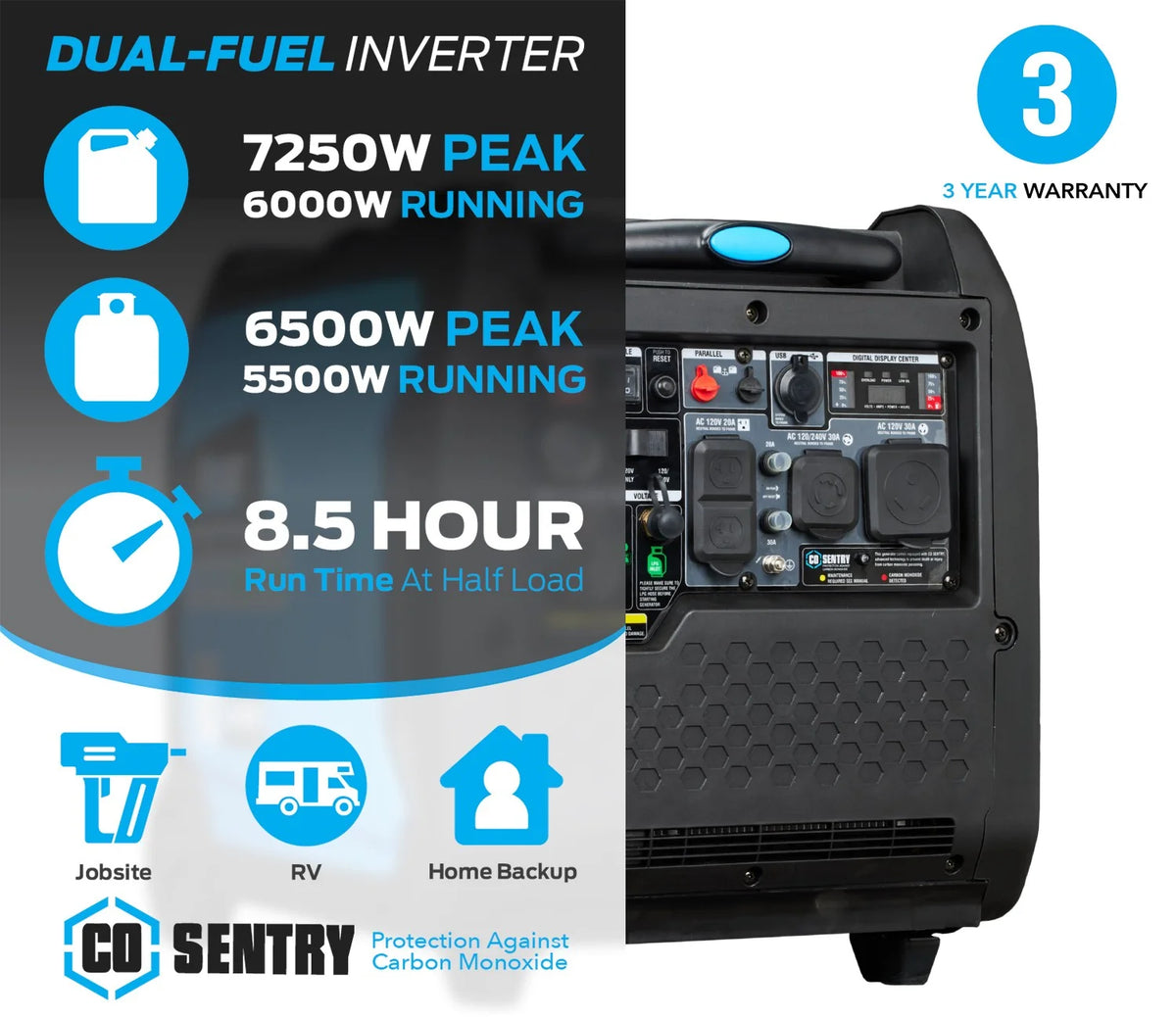 Pulsar 7,250 Watt Dual-Fuel Inverter Generator with CO Sentry
