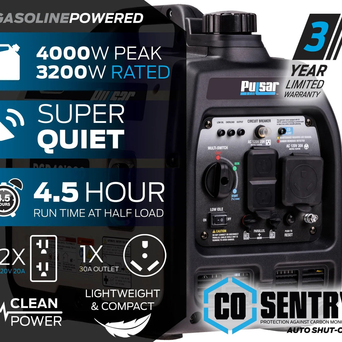 Pulsar 4,000 Watt Inverter Generator with CO Sentry