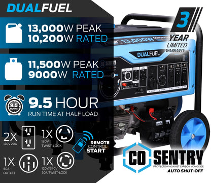 Pulsar 13,000 Watt Dual-Fuel Portable Generator with CO Sentry