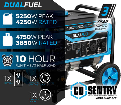 Pulsar 5,250 Watt Dual-Fuel Portable Generator with CO Sentry