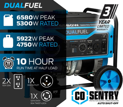 Pulsar 6,580 Watt Dual-Fuel Portable Generator with CO Sentry