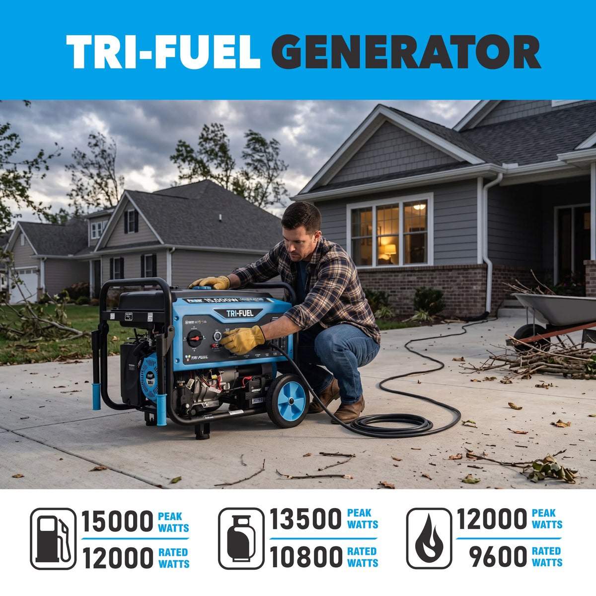 Pulsar 15,000 Watt Tri-Fuel Portable Generator with CO Sentry